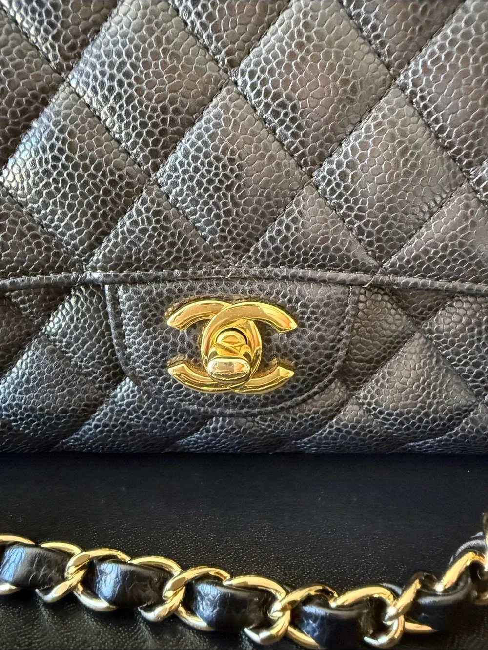 CHANEL Black Quilted Medium Caviar Shoulder Bag with Gold CC Hardware
